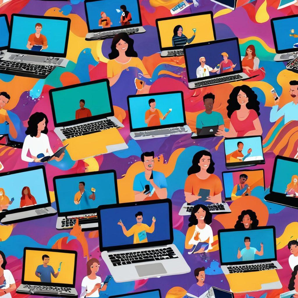 A vibrant montage depicting various sources of online entertainment like streaming movies, online gaming, and virtual concerts, surrounded by joyful expressions of diverse people enjoying these activities. Incorporate elements of digital devices like laptops and smartphones, with abstract colorful waves symbolizing happiness and excitement flowing through the scene. Dreamy and uplifting ambiance. vibrant colors. super-realistic.