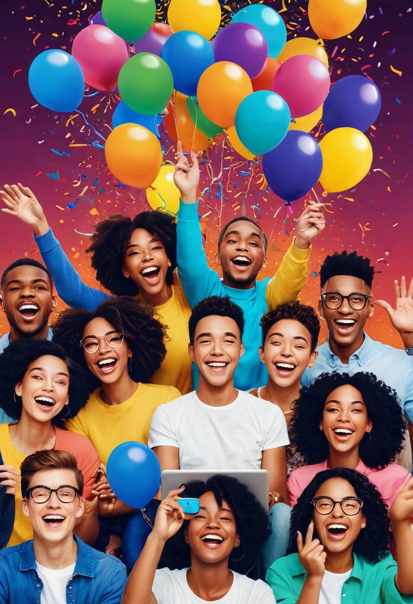 A lively collage of diverse people enjoying online content, like streaming videos and interacting on social media, surrounded by colorful confetti. Incorporate elements that represent joy, such as balloons and sunshine, along with digital devices displaying happiness-themed emojis. Vibrant colors and a playful layout to convey ecstatic experiences. bright and cheerful. vector art.