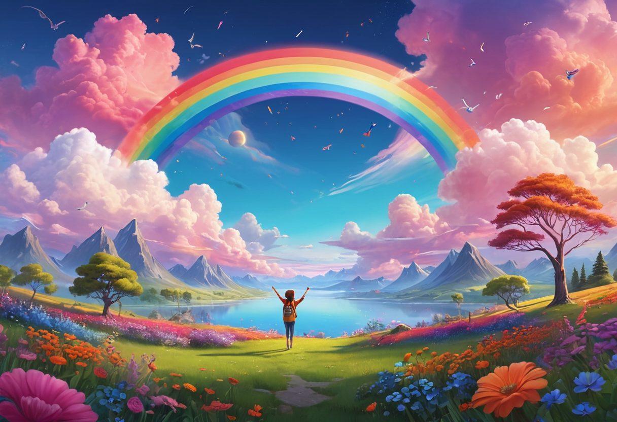 A serene digital landscape featuring a rainbow gradient sky, with joyful characters engaged in various cheerful online activities like dancing, meditating, and exploring joyful content on screens. Surround the scene with soft, whimsical elements like fluffy clouds, colorful musical notes, and blooming flowers to symbolize wellbeing and cheerfulness. The overall atmosphere should evoke a sense of bliss and happiness, inviting viewers to celebrate their online experiences. vibrant colors. 3D.
